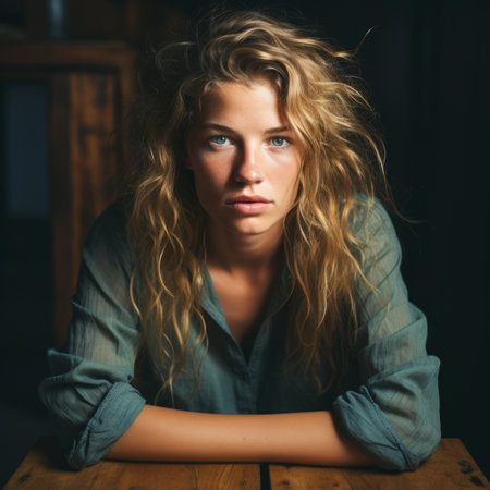 Portrait of a young blonde woman with blue eyesの素材