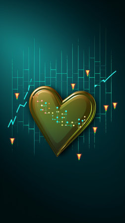 3D illustration of a golden heart made of circuit board on a blue backgroundの素材