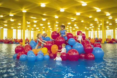 Children playing in a pool of balloonsの素材