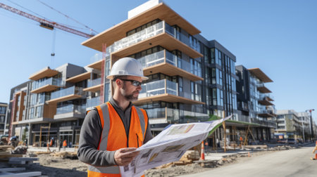 Construction worker wearing hardhat looking at building plans in front of a building under constructionの素材