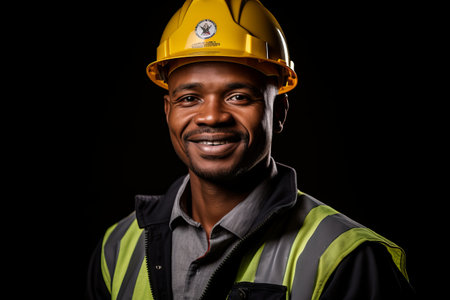 Portrait of a smiling African man wearing a hard hat and safety vestの素材