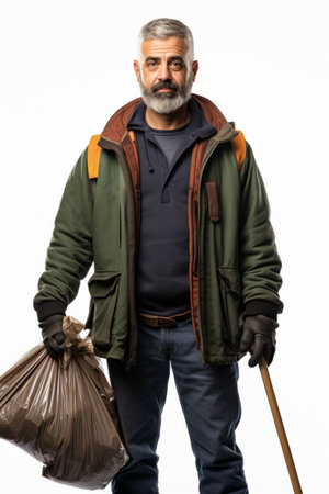A man with a beard is holding a garbage bag and a shovel.の素材