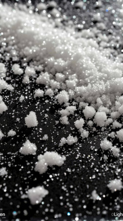 Close-up of a pile of white sugar crystals on a black backgroundの素材