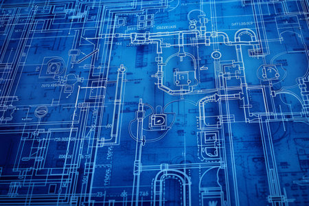 A complex blueprint of a building's plumbing systemの素材