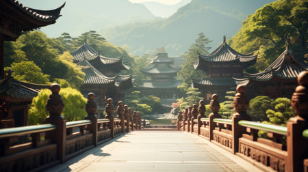 Chinese architecture courtyard with bridge and mountains in the backgroundの素材