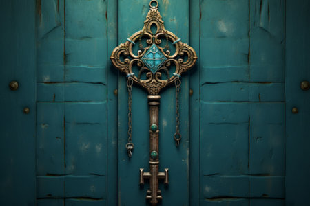 ornate blue and gold key hanging on a blue wooden doorの素材