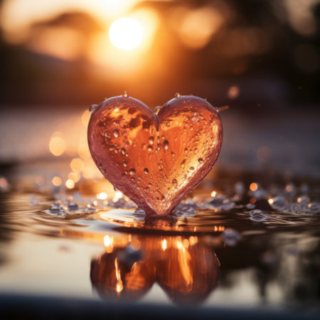 Heart melting in the water with sunset in the backgroundの素材