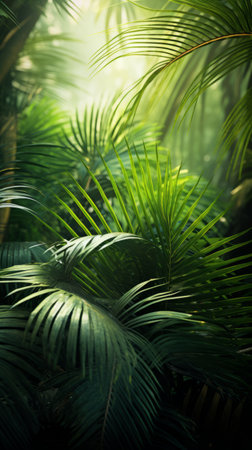 lush green leaves of tropical palm trees in rainforestの素材