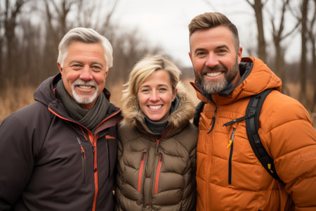 Happy family of three posing for a picture in the parkの素材