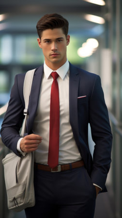 A young professional man in a suit and tie with a messenger bag over his shoulder is walking down a city street.の素材