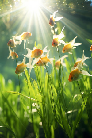 Goldfish swimming in a pond with green plantsの素材