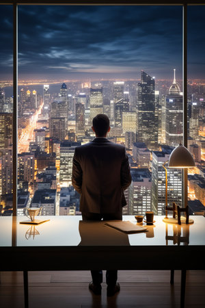 Businessman looking at the night city from the office windowの素材