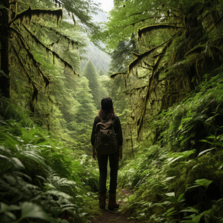 A woman hiking in a lush green forestの素材
