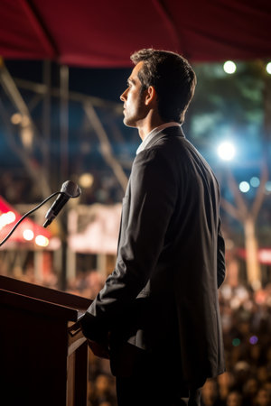A politician giving a speech at a podium in front of a crowdの素材