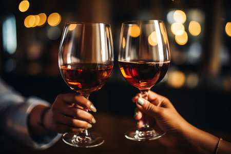 Two people of color toasting with red wine in dimly lit bar or restaurantの素材