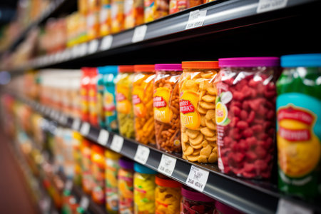 Colorful plastic jars with various types of snacks on the shelf in the supermarketの素材