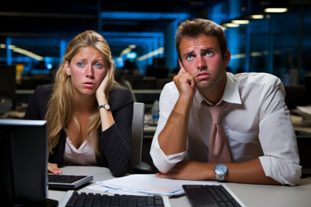 Two business people looking bored at workの素材