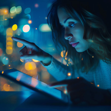 A young woman is using a tablet computer in the dark.の素材