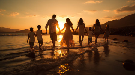 Family walking on the beach at sunsetの素材