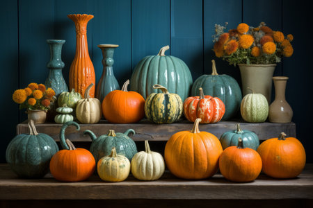 A beautiful still life of pumpkins and gourds on a wooden tableの素材