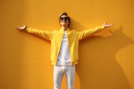 Young man with sunglasses standing in front of a yellow wall with his arms outstretchedの素材