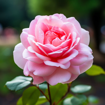 A beautiful pink rose in full bloom with water drops on its petals.の素材