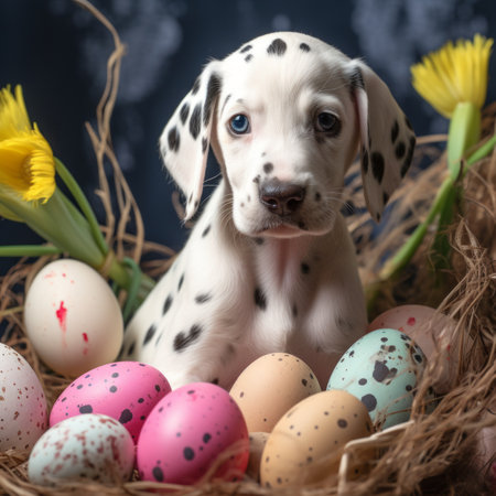 Dalmatian puppy in a basket of Easter eggsの素材