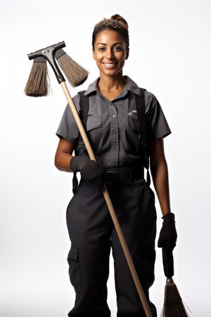 A smiling woman wearing a janitor uniform and holding a broomの素材