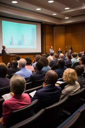 Audience listens to a speaker at a conferenceの素材