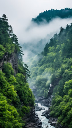 The river flows through the beautiful green canyonの素材