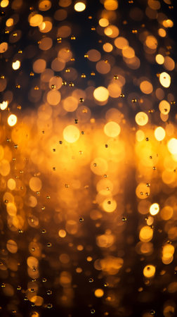Golden bokeh background with water drops on glass windowの素材