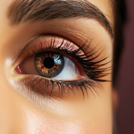 Close up of woman's brown eye with long eyelashesの素材
