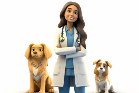A female veterinarian is standing with two dogs.の素材