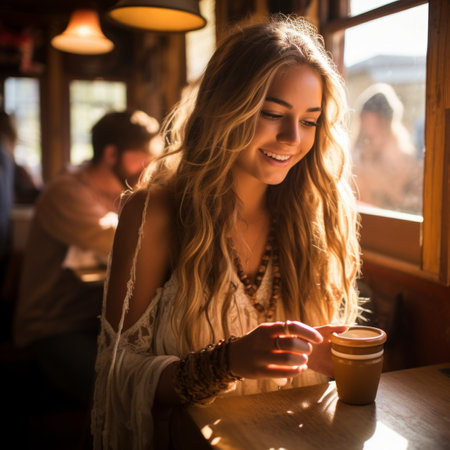 Portrait of a beautiful smiling blonde woman sitting in a cafeの素材