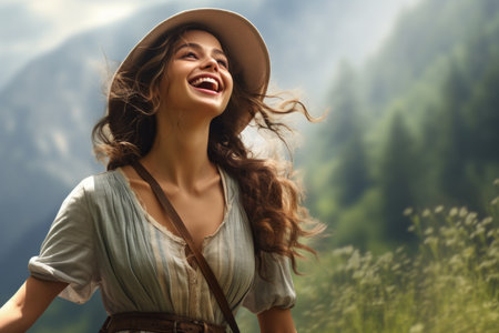 An illustration of a young woman wearing a hat and smiling in a fieldの素材