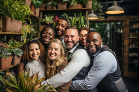 Group of diverse people smiling and hugging in a greenhouseの素材