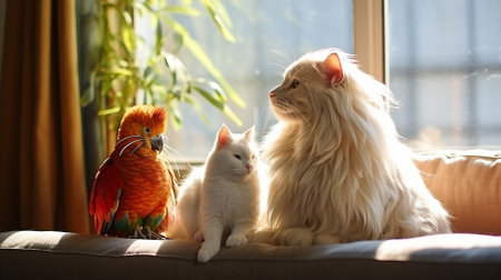 A ginger cat, a white cat and a parrot are sitting on a couchの素材