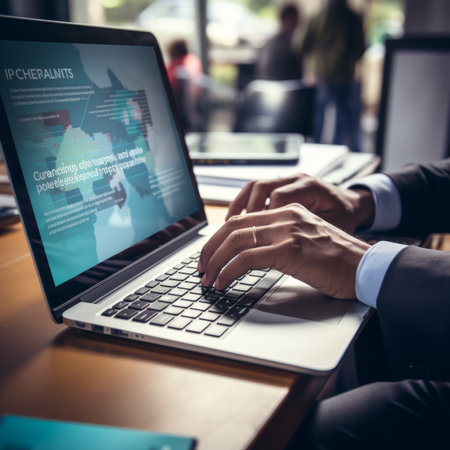 Businessman working on laptop in officeの素材