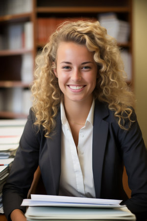 Young woman with curly blonde hair wearing a suit smiling in a libraryの素材