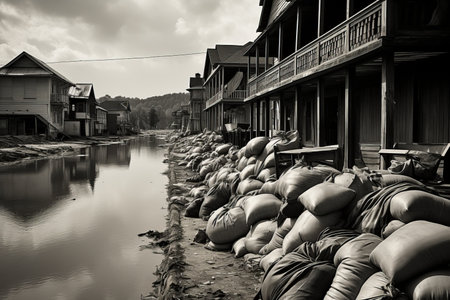 Black and white photo of a flooded street with abandoned housesの素材