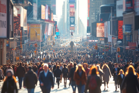 Crowded street in New York City with people crossing the roadの素材