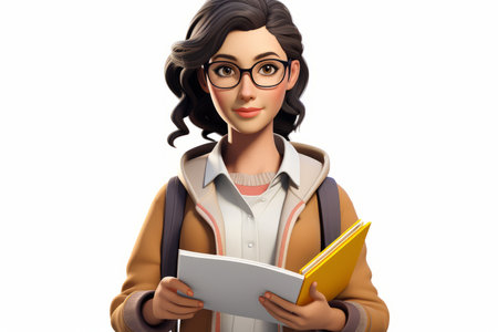 Illustration of a young woman wearing glasses and holding a bookの素材