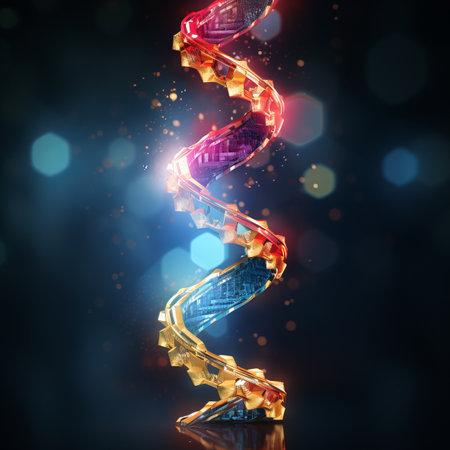 A glowing 3D rendering of a double helix made of gearsの素材