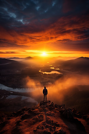 Man standing on a mountaintop overlooking a valley at sunsetの素材
