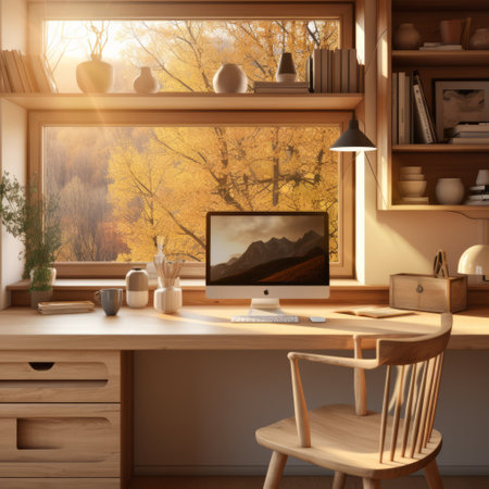 A wooden desk with a computer and a chair in front of a windowの素材