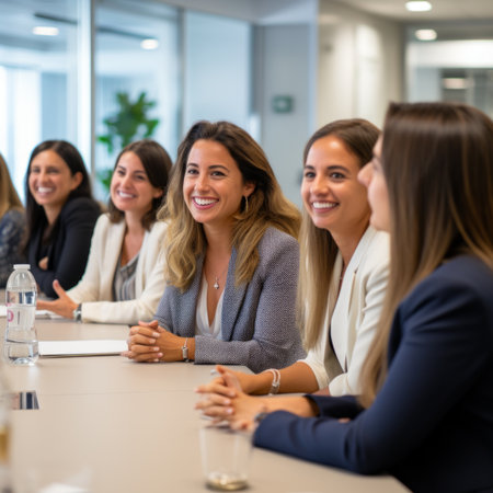 A group of professional women sitting around a table and smilingの素材