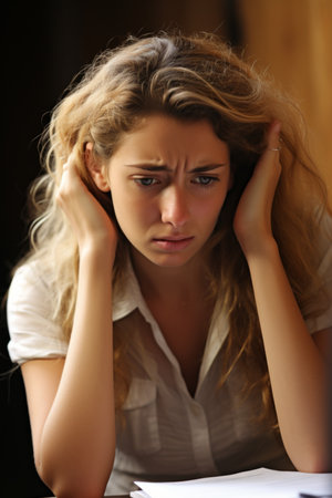 A blonde woman in a white shirt is holding her head in her hands and looking down with a worried expression on her faceの素材