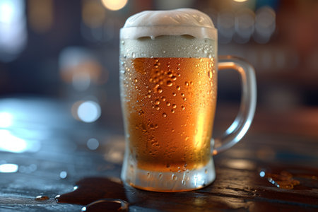 A close-up image of a mug of beer on a wooden table with water dropletsの素材