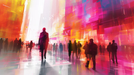 A group of people walking in a colorful city street with tall buildingsの素材