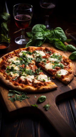 Close-up of a delicious pizza with basil and a glass of red wineの素材